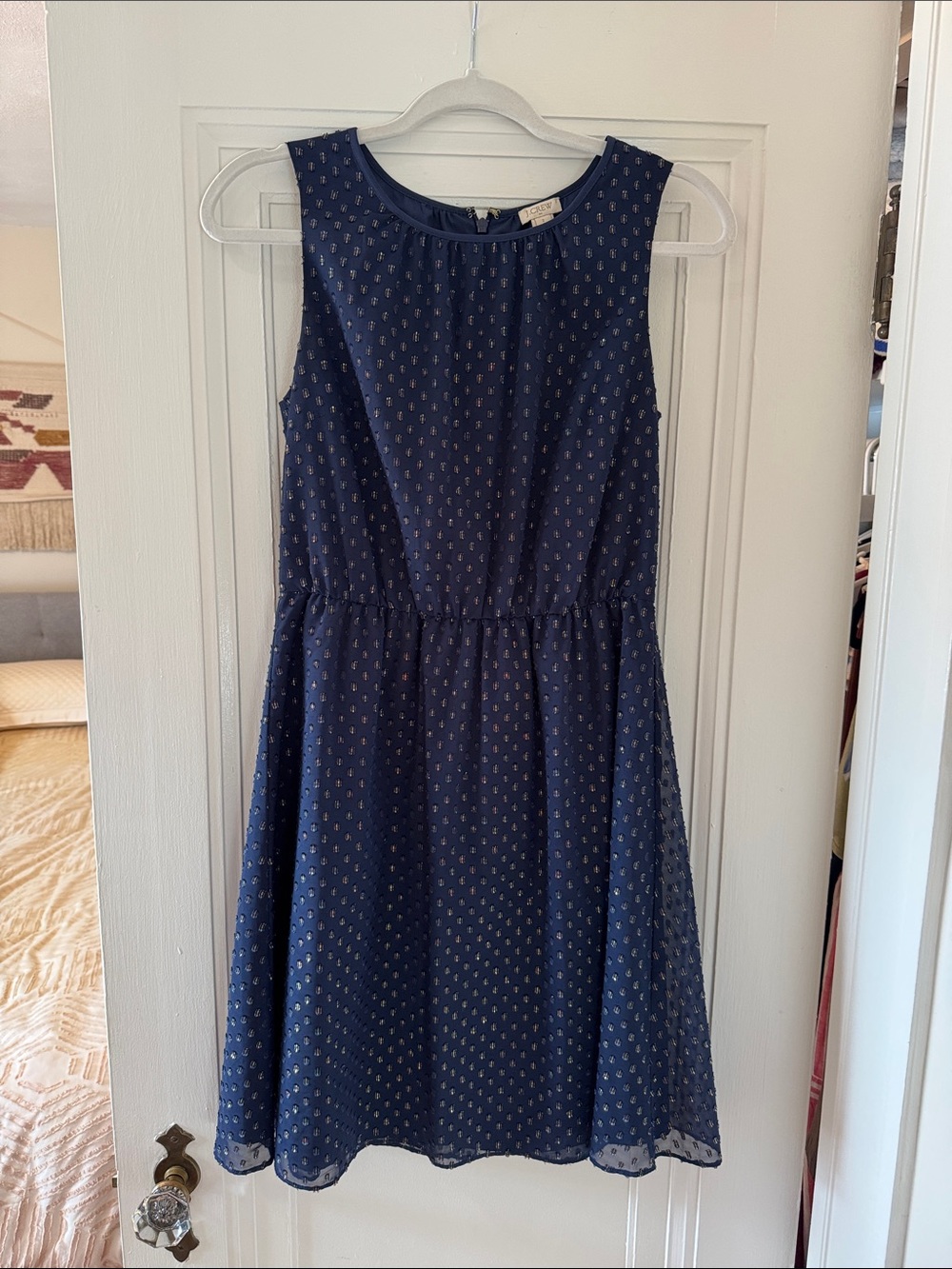 J. Crew Navy Sleeveless Gathered-Waist Dress with Tiny Gold Dots